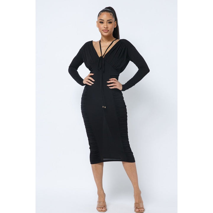 Long Sleeve Midi Dress With Low V Neck Front And Back With Ruching On Sides And Chest Image 1