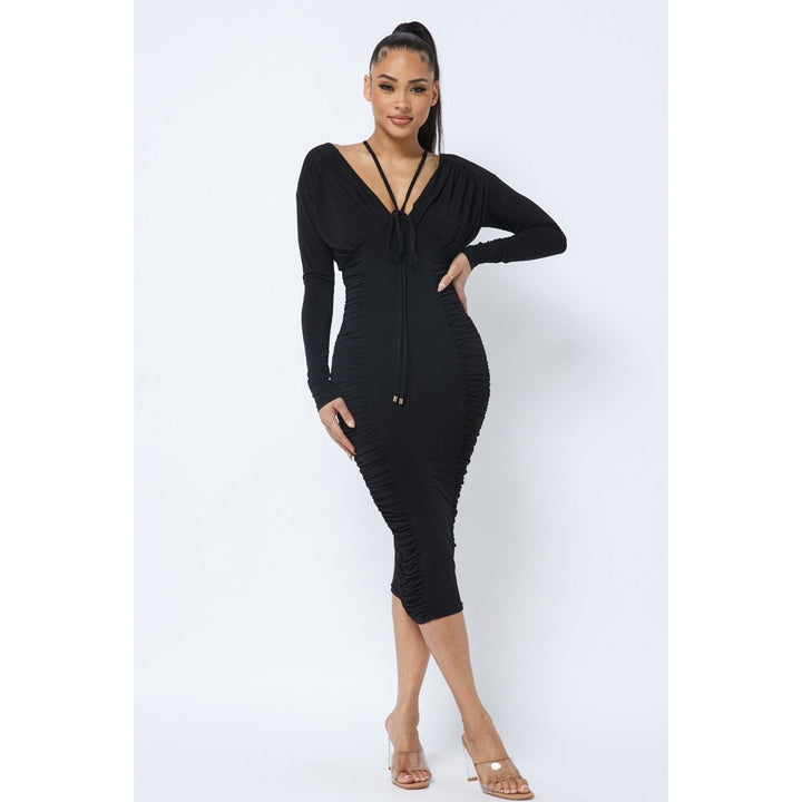 Long Sleeve Midi Dress With Low V Neck Front And Back With Ruching On Sides And Chest Image 2