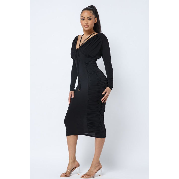 Long Sleeve Midi Dress With Low V Neck Front And Back With Ruching On Sides And Chest Image 3