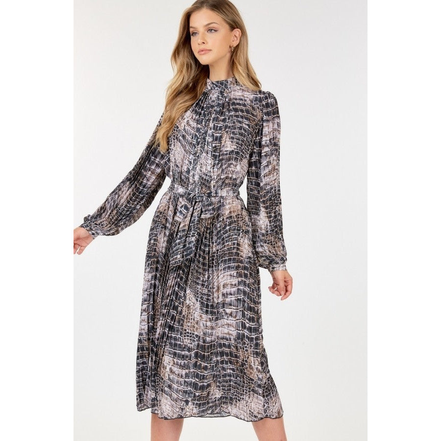 Long Sleeve Pleated Snake Skin Print Midi Dress Image 1