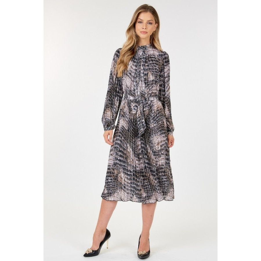 Long Sleeve Pleated Snake Skin Print Midi Dress Image 2