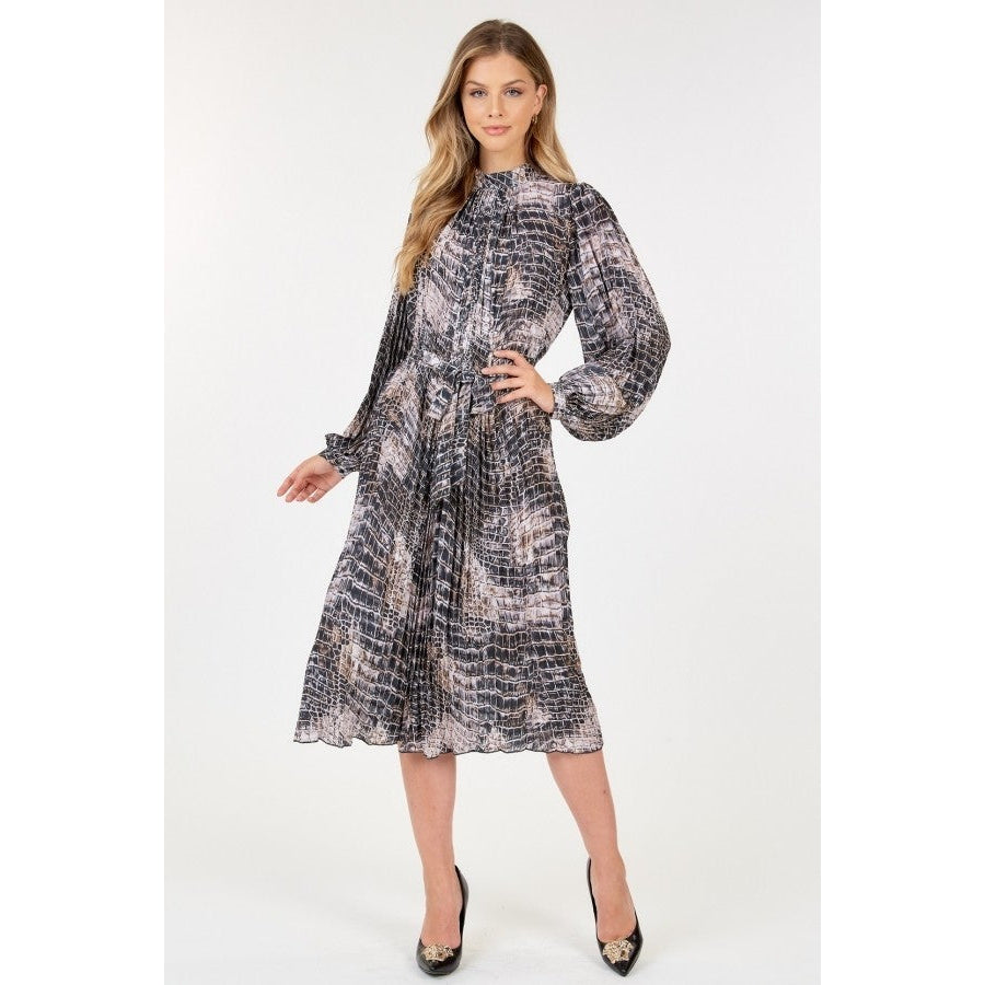 Long Sleeve Pleated Snake Skin Print Midi Dress Image 3