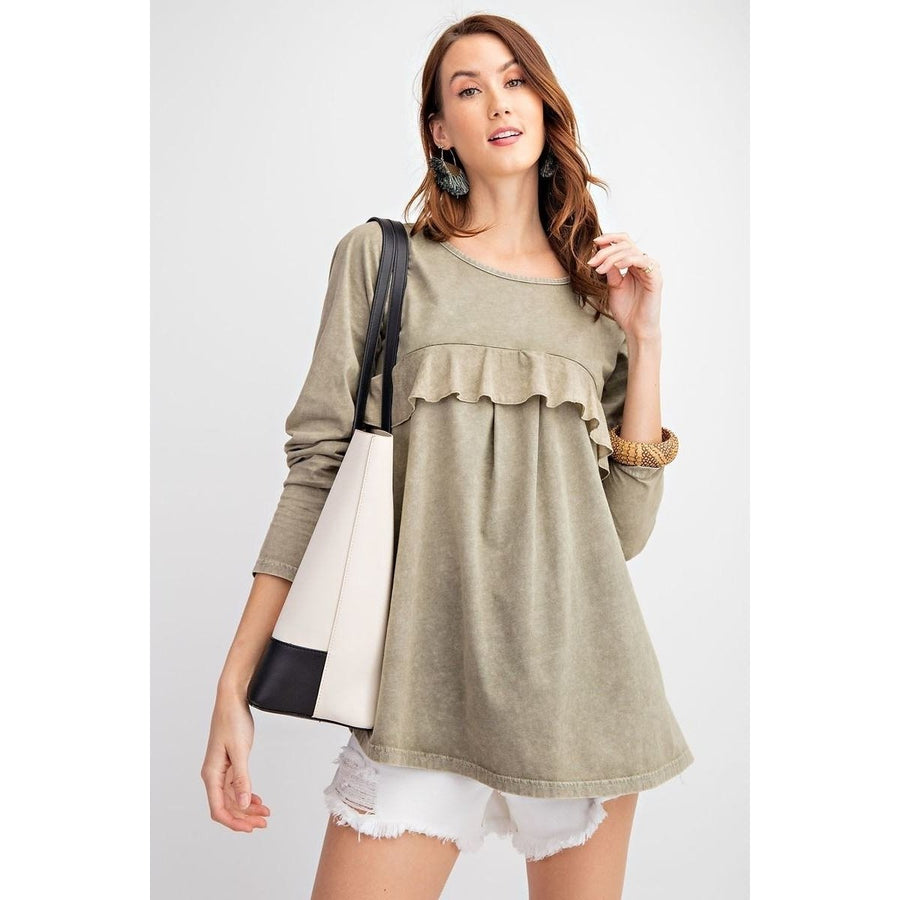 Long Sleeve Ruffled Detailing Oil Washed Knit Tunic Image 1