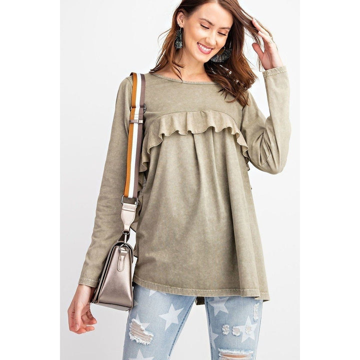 Long Sleeve Ruffled Detailing Oil Washed Knit Tunic Image 2