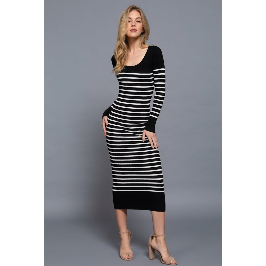 Long Slv Round Neck Stripe Sweater Long Dress Image 1