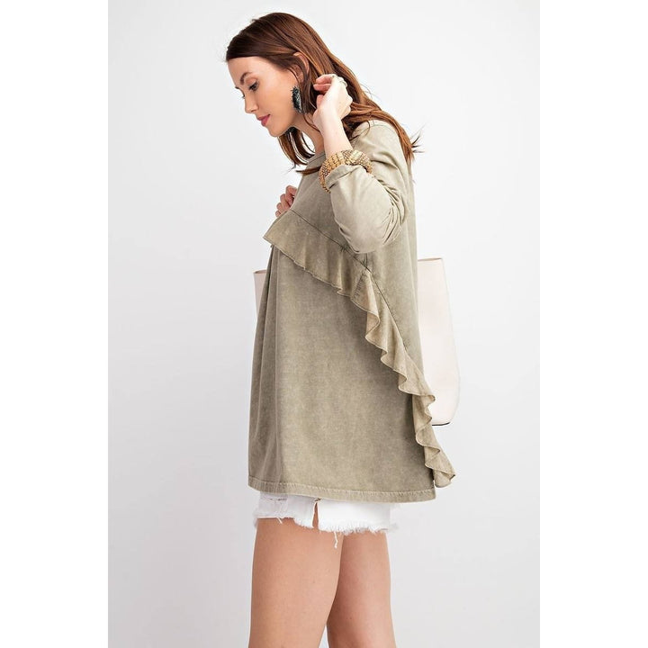 Long Sleeve Ruffled Detailing Oil Washed Knit Tunic Image 3