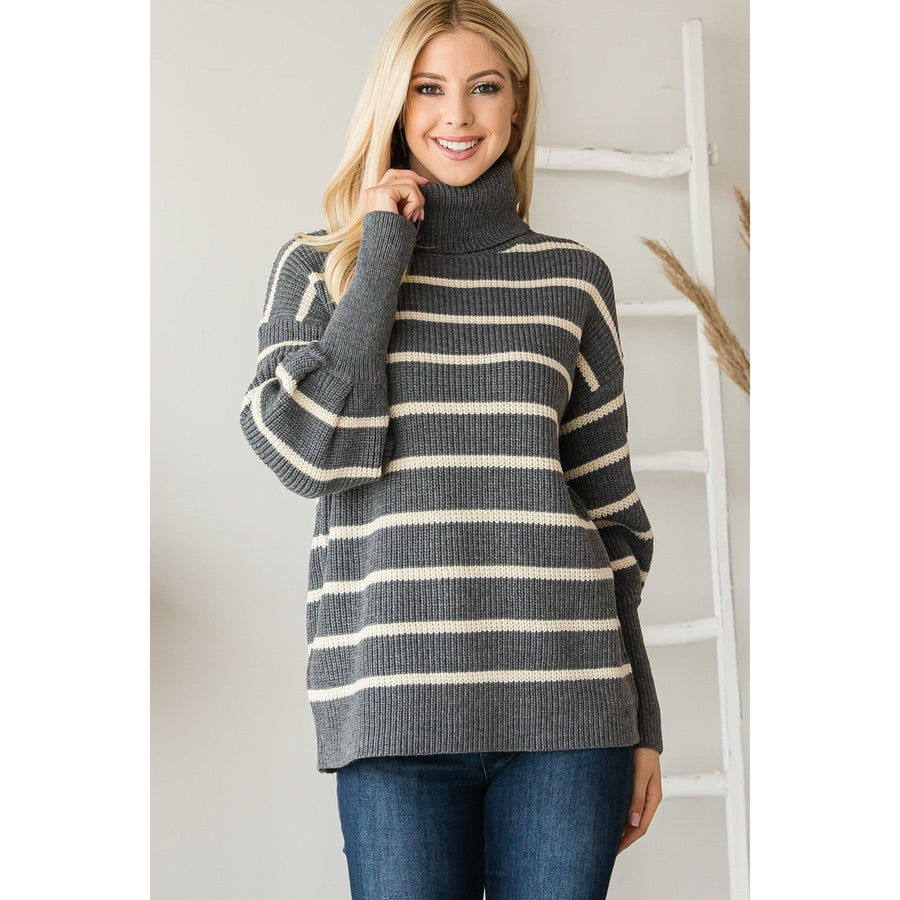 Heavy Knit Striped Turtle Neck Knit Sweater Image 1