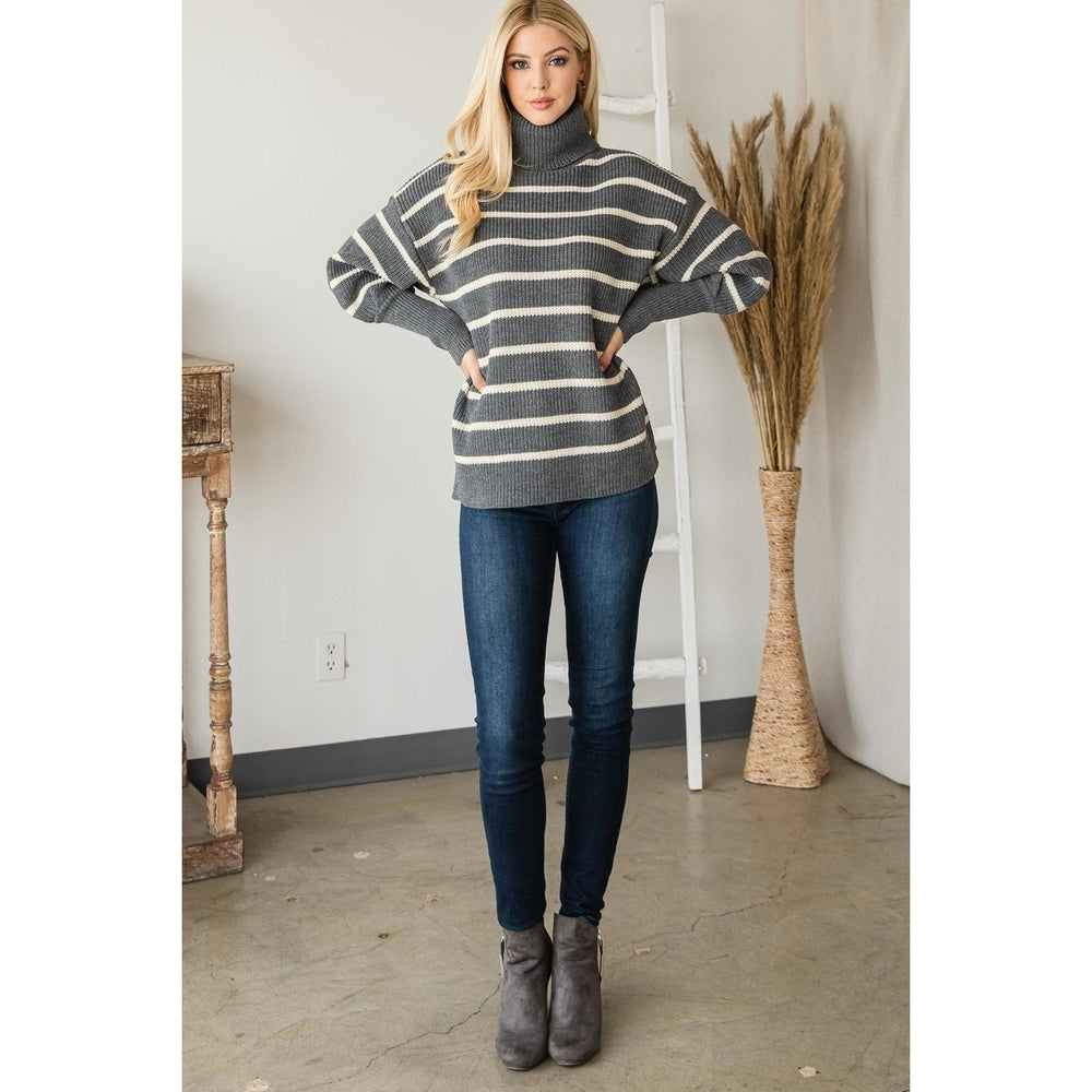 Heavy Knit Striped Turtle Neck Knit Sweater Image 2