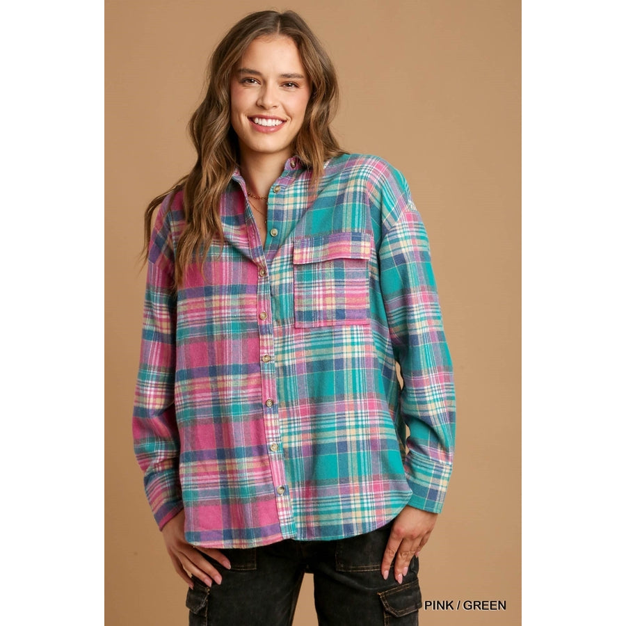 Mixed Plaid Boxy Cut Button Down Flannel With Front Pocket Image 1