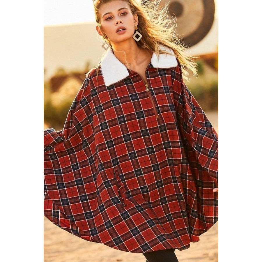 Mock Neck With Zipper Contrast Inside Front Pocket Plaid Poncho Image 1