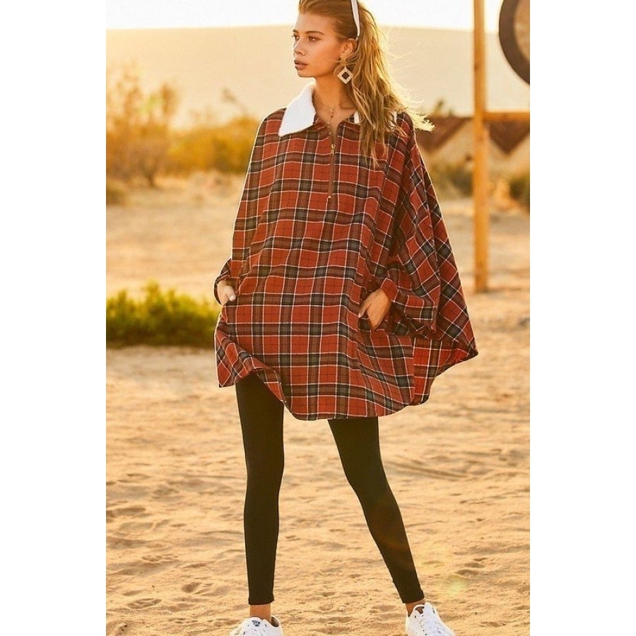 Mock Neck With Zipper Contrast Inside Front Pocket Plaid Poncho Image 2