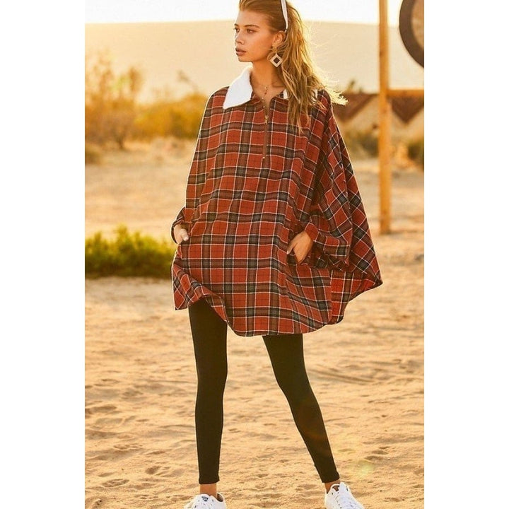 Mock Neck With Zipper Contrast Inside Front Pocket Plaid Poncho Image 2