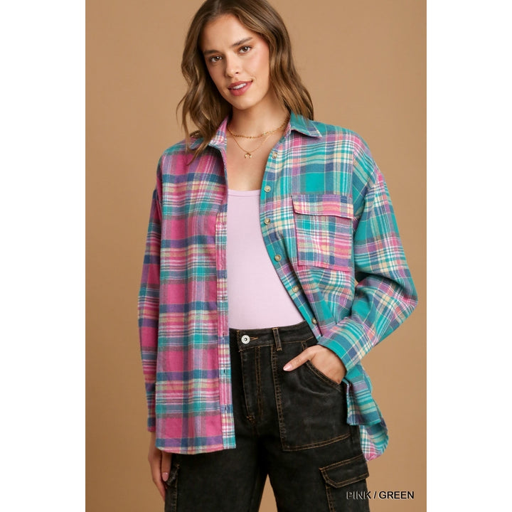 Mixed Plaid Boxy Cut Button Down Flannel With Front Pocket Image 3