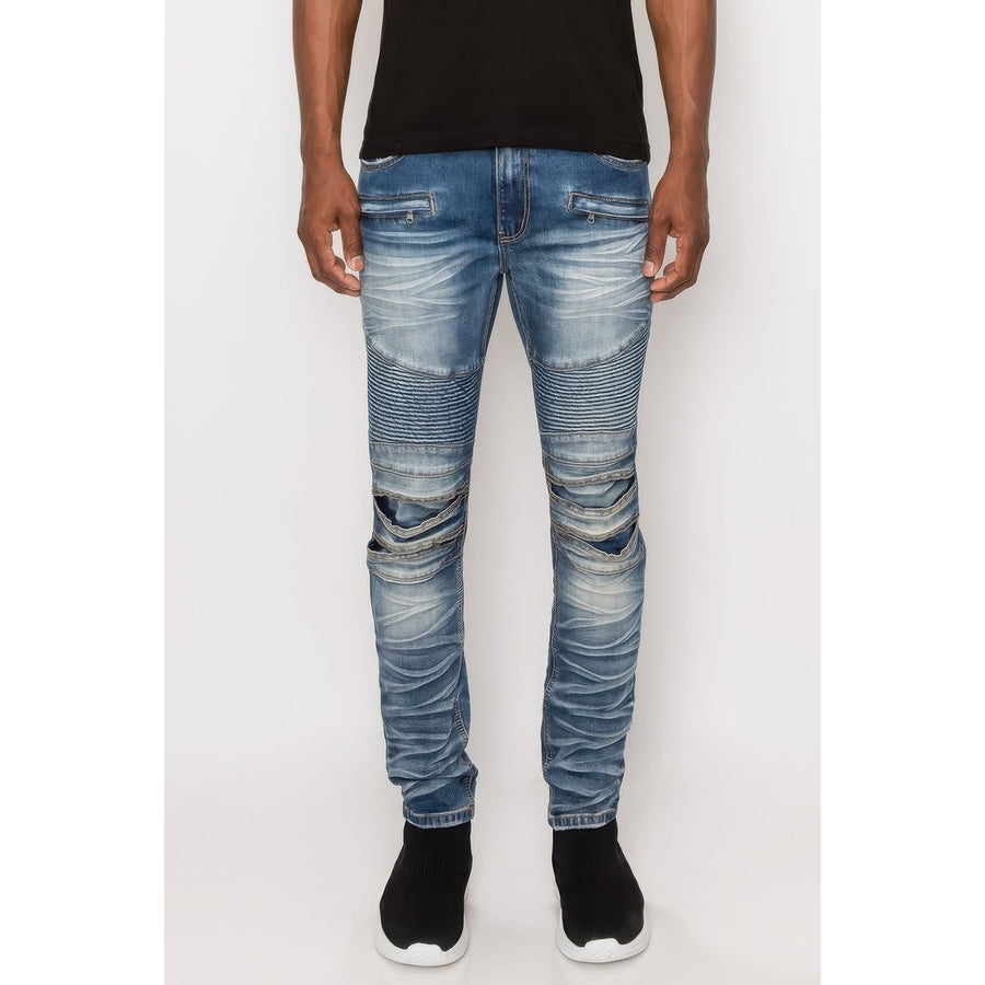 Men Creased Biker Denim Jeans Image 1