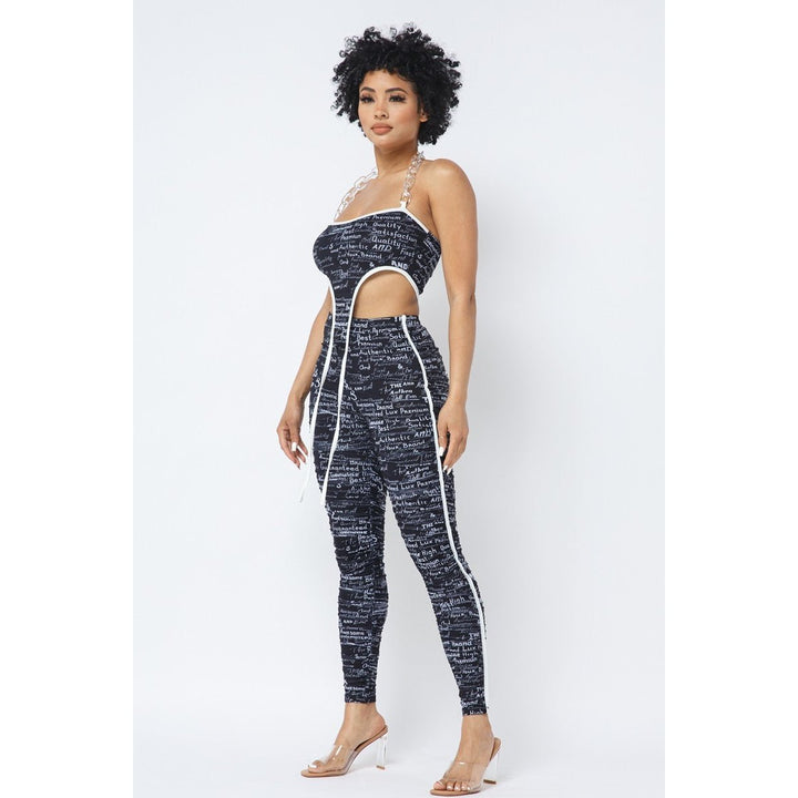 Mesh Print Crop Top With Plastic Chain Halter Neck With Matching Leggings Image 3