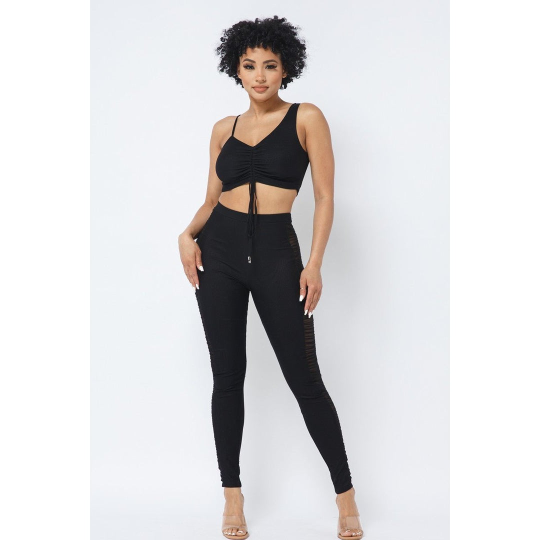 Mesh Strappy Adjustable Ruched Crop Top With Matching See Through Side Panel Leggings Image 1