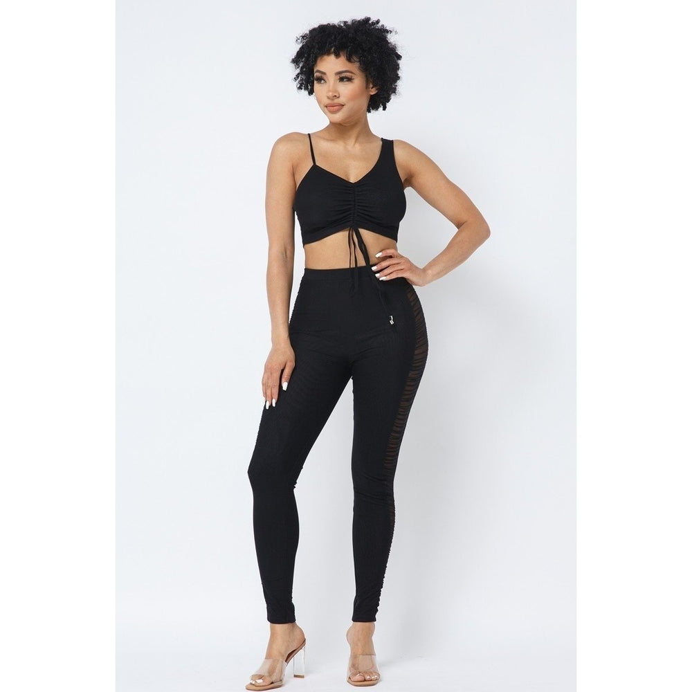 Mesh Strappy Adjustable Ruched Crop Top With Matching See Through Side Panel Leggings Image 2