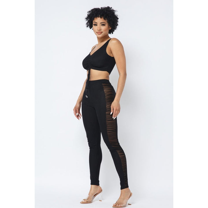 Mesh Strappy Adjustable Ruched Crop Top With Matching See Through Side Panel Leggings Image 3