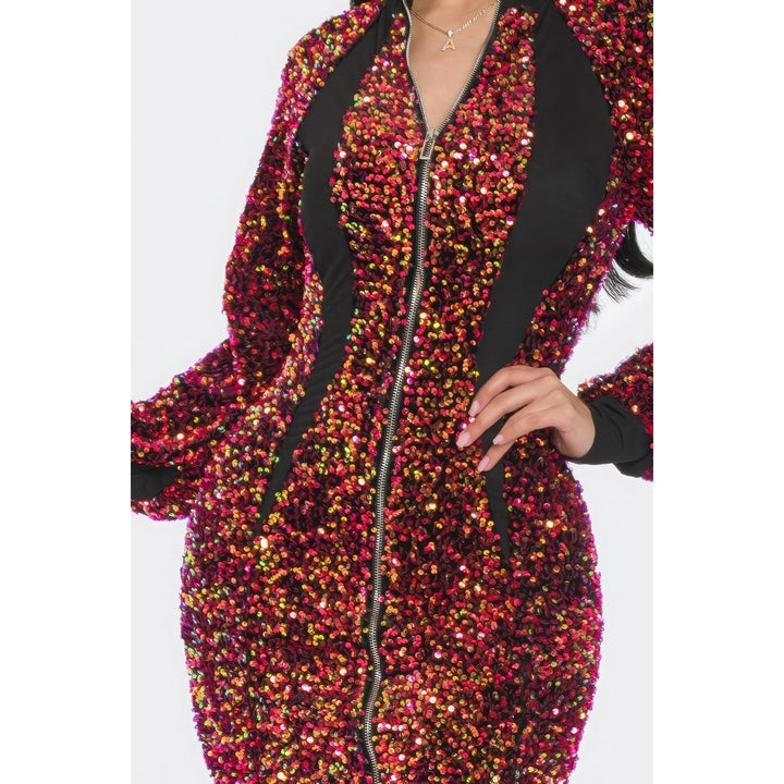 Midi 2 Way Zip Up Sequin Contrast Dress Image 3