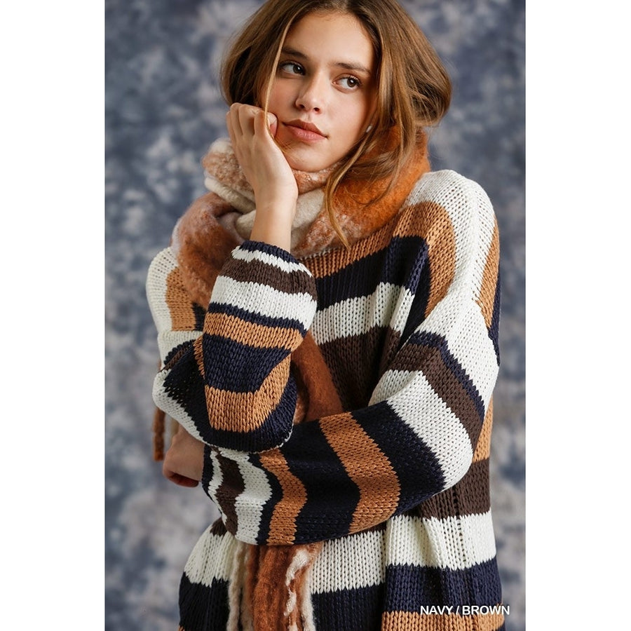 Multicolored Stripe Round Neck Long Sleeve Knit Sweater Image 1