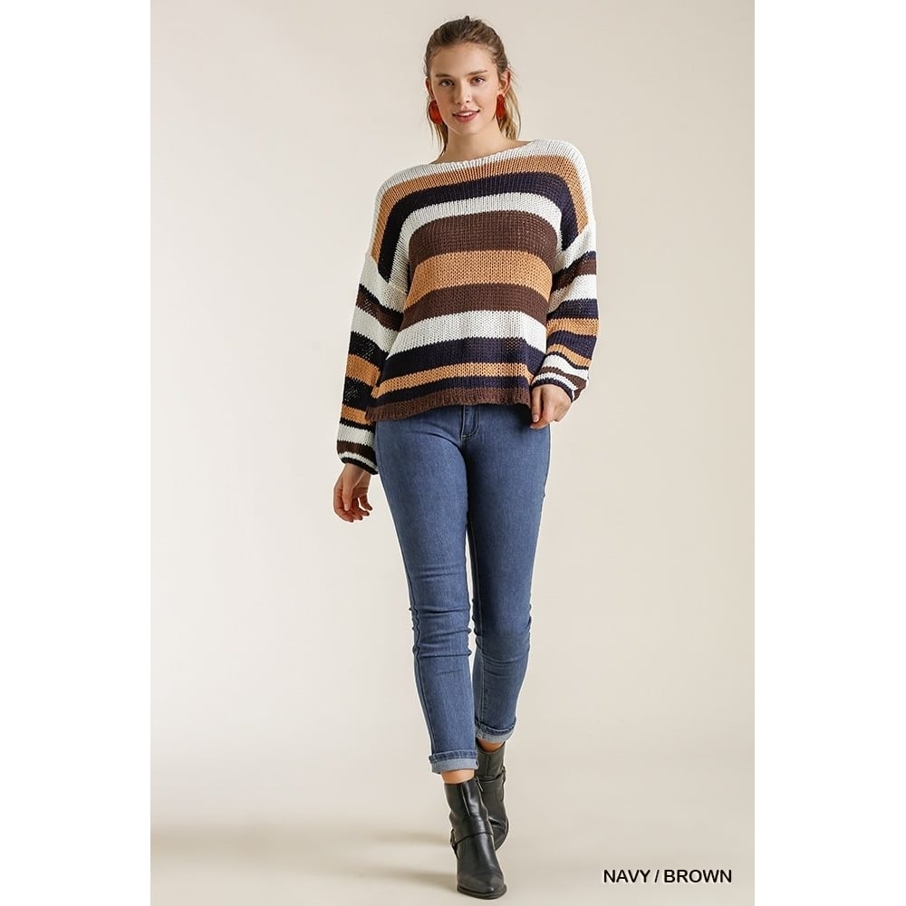 Multicolored Stripe Round Neck Long Sleeve Knit Sweater Image 2