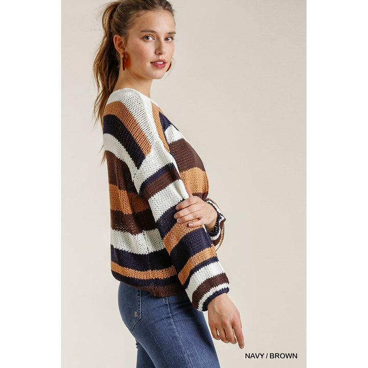 Multicolored Stripe Round Neck Long Sleeve Knit Sweater Image 3