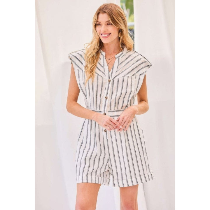 Notched Neck Button Elastic Band Waist Stripe Print Romper Image 1