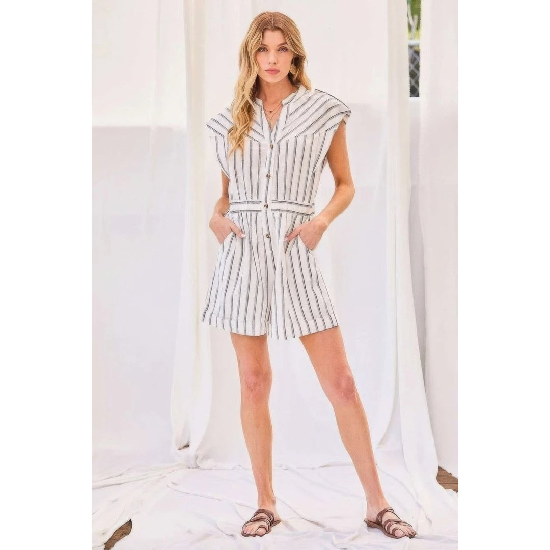 Notched Neck Button Elastic Band Waist Stripe Print Romper Image 2