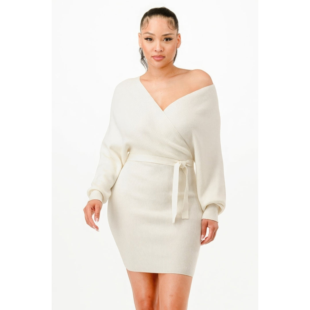 Off Shoulder Wrap Belted Ribbed Sweather Dress Image 1