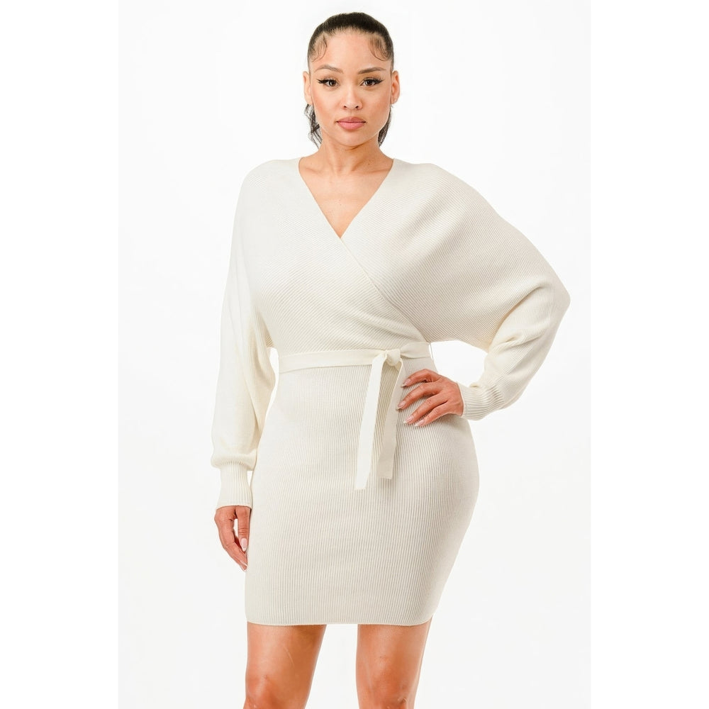 Off Shoulder Wrap Belted Ribbed Sweather Dress Image 2