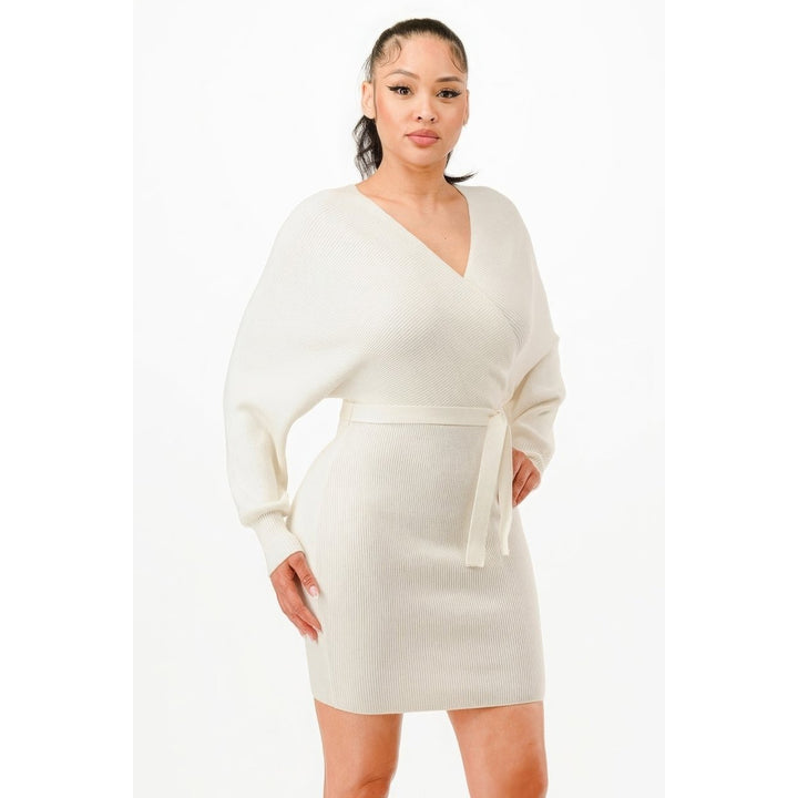 Off Shoulder Wrap Belted Ribbed Sweather Dress Image 3