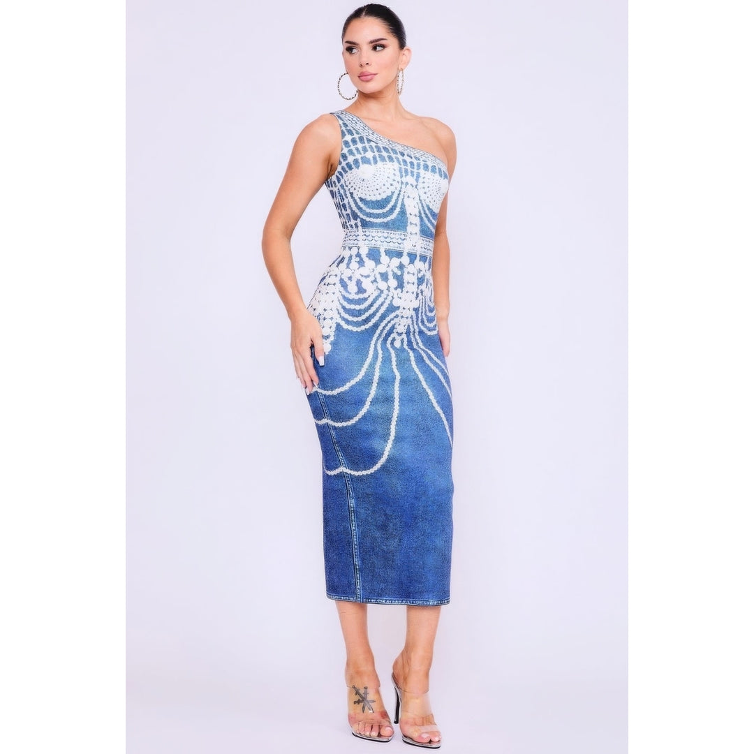 One Shoulder Denim Print Dress Image 2