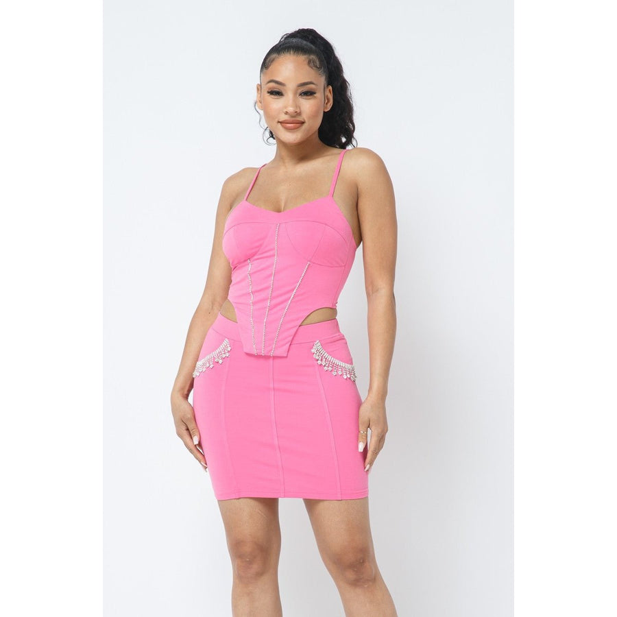 Rhinestone Detailed Strappy Cropped Top With Matching Rhinestone Pocket Detail Mini Skirt Image 1