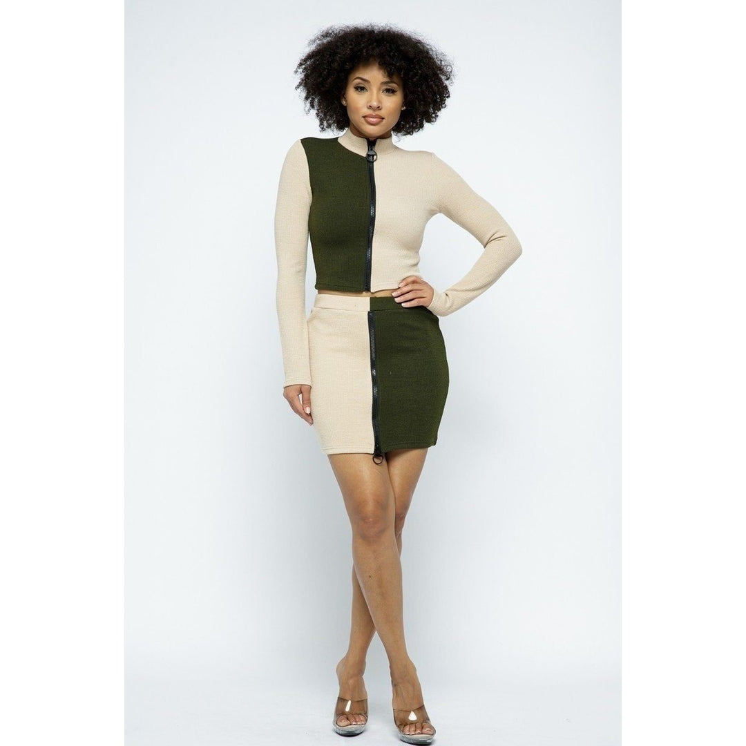 Rib Color Block Mock Neck Long Sleeve High-waist Mini Skirt With Front Zipper Set Image 1