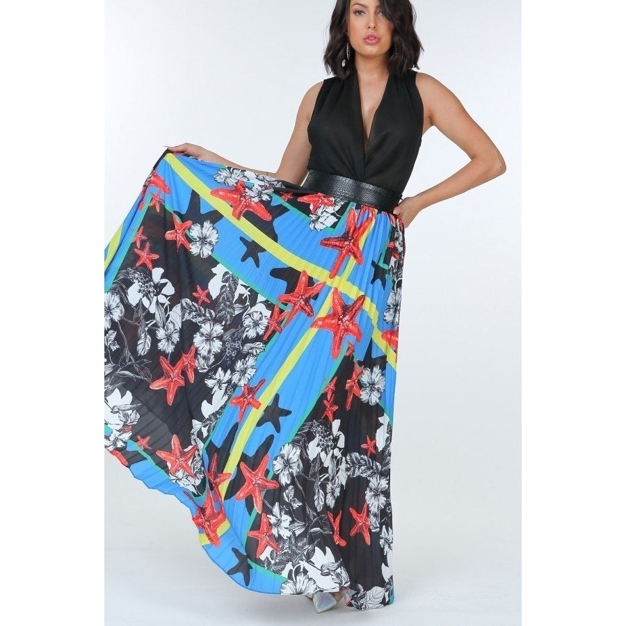 Pleated Print Maxi Skirt With Leather Waist Band Image 1