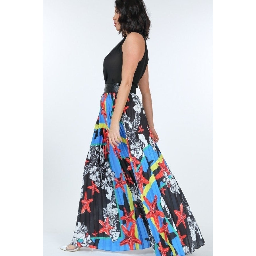 Pleated Print Maxi Skirt With Leather Waist Band Image 2