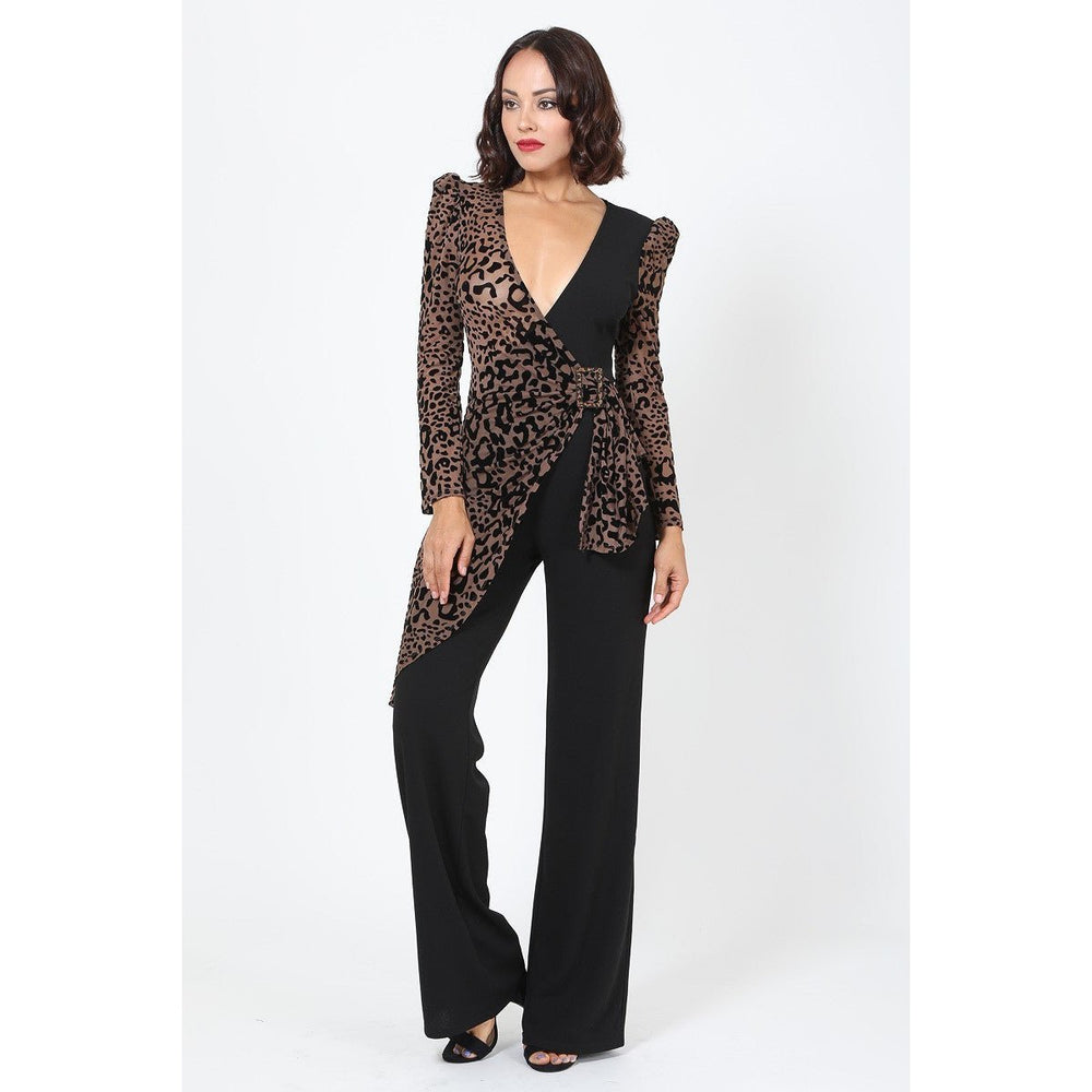 Plunging V Buckle Detail Leopard Jumpsuit Image 2