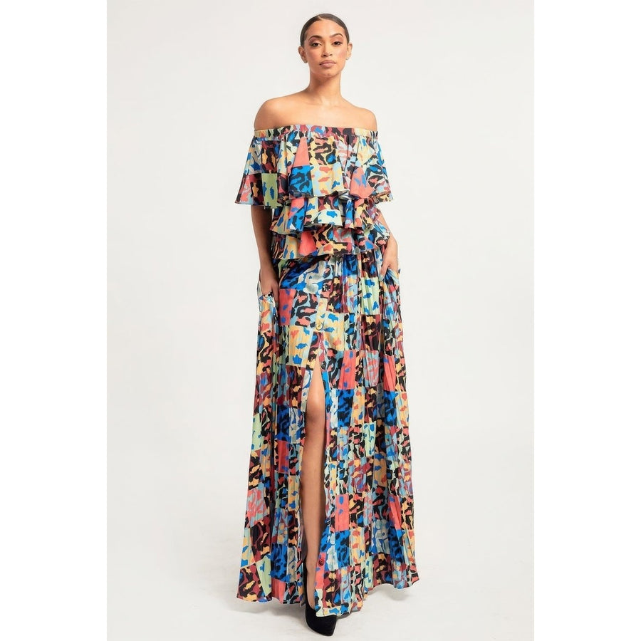 Printed Ruffle Top And Pleated Skirt Set Image 1