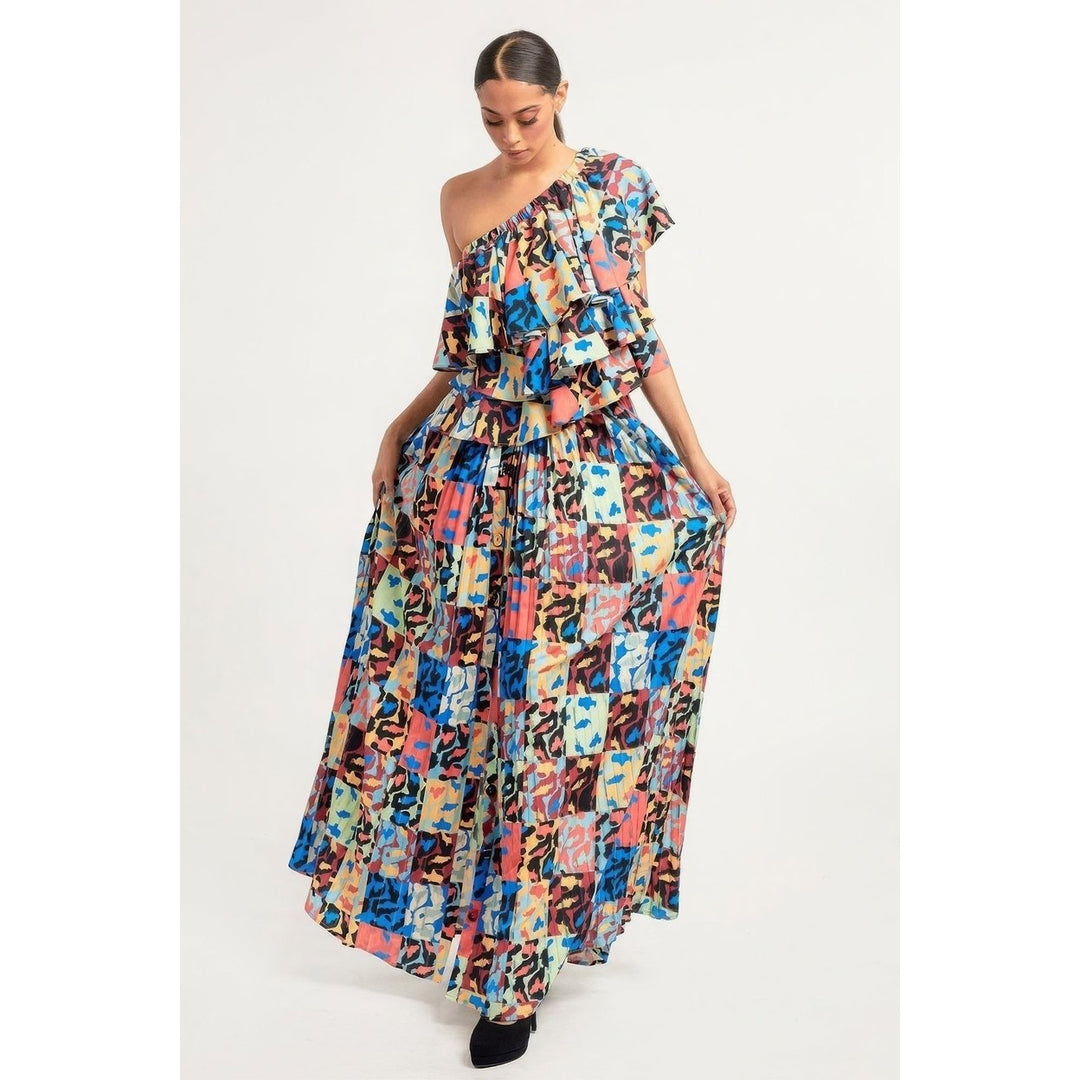 Printed Ruffle Top And Pleated Skirt Set Image 2