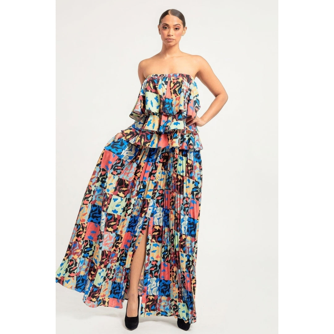 Printed Ruffle Top And Pleated Skirt Set Image 3