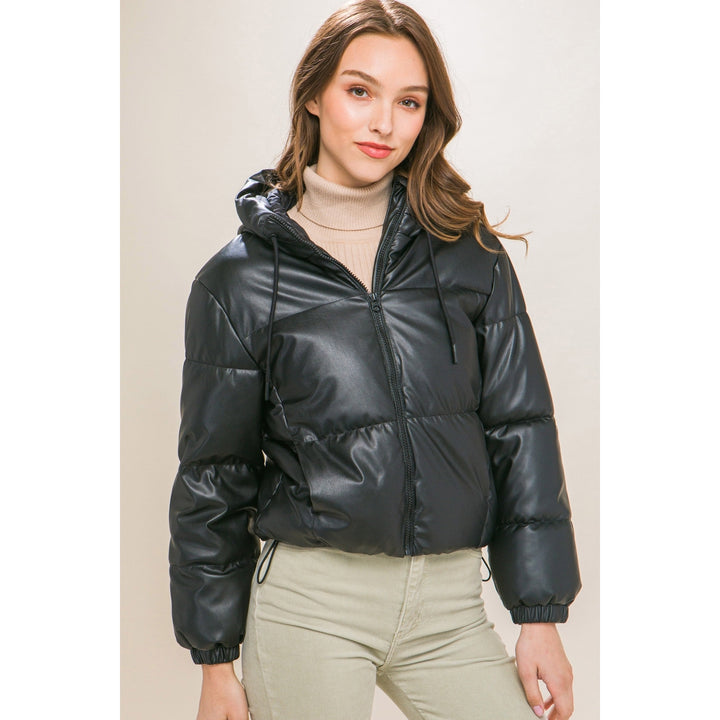 Pu Faux Leather Zipper Hooded Puffer Jacket Image 1