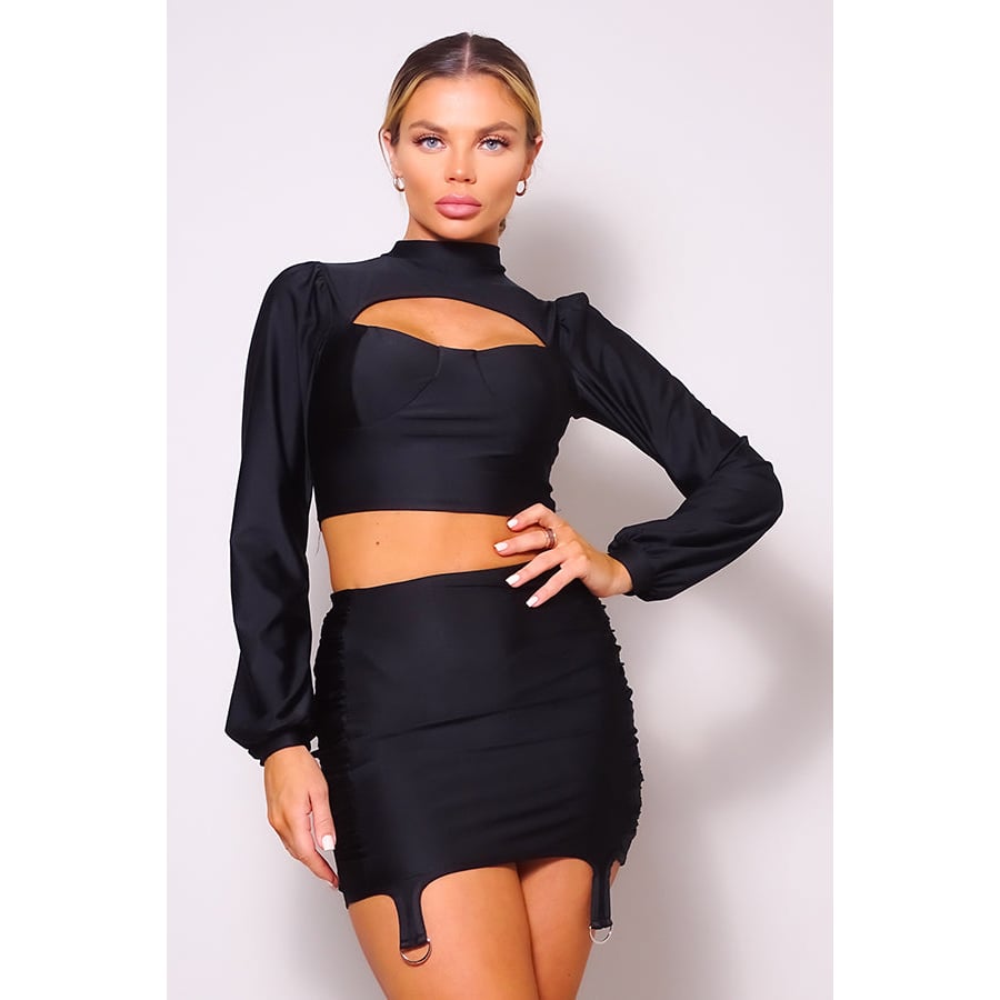 Puff Long Sleeve Front Cutout Turtleneck Blouse and Side Ruched Garter Mini Skirt Set Image 1