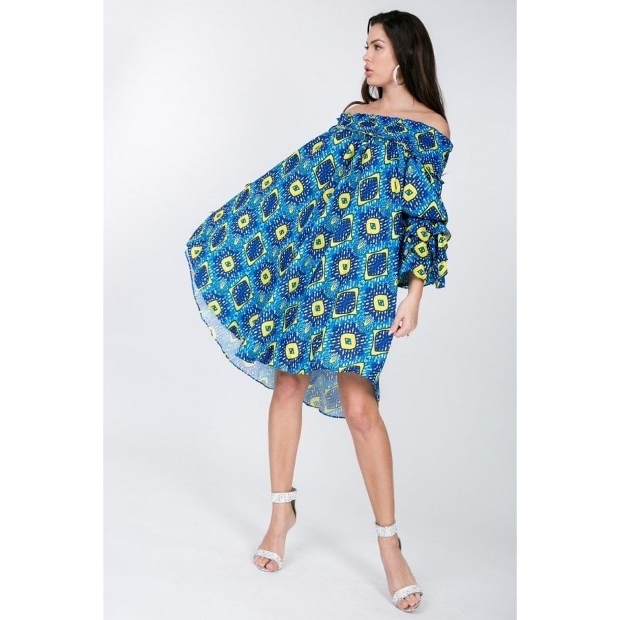 Puffy Ruffle Sleeve Smocking Off Shoulder Print Midi Dress Image 1