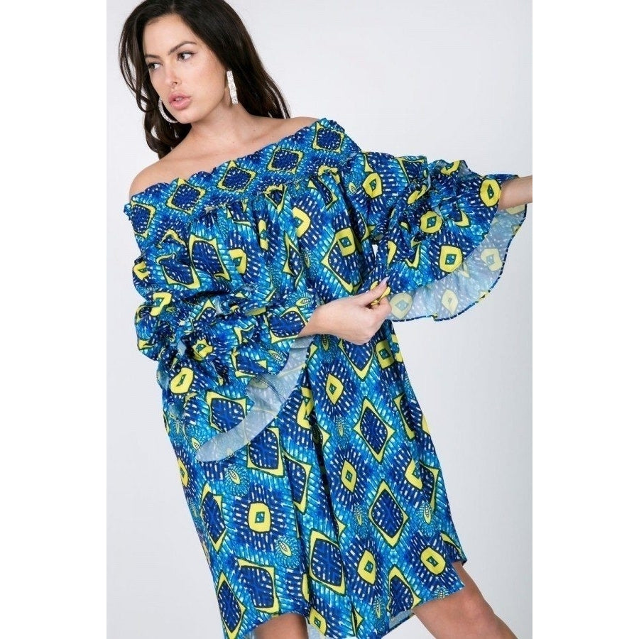 Puffy Ruffle Sleeve Smocking Off Shoulder Print Midi Dress Image 2