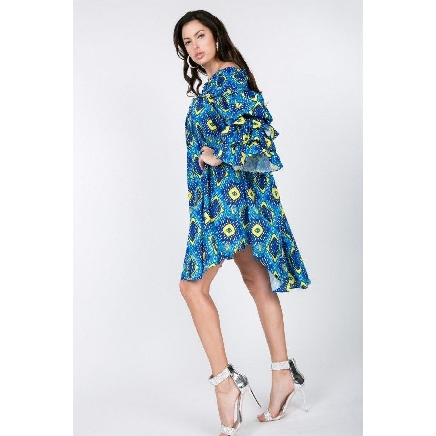 Puffy Ruffle Sleeve Smocking Off Shoulder Print Midi Dress Image 3