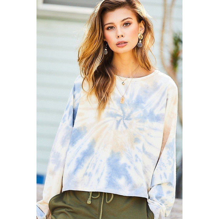 Round Neck Oversize Fit Crop Tie-dye French Terry Pullover Image 1