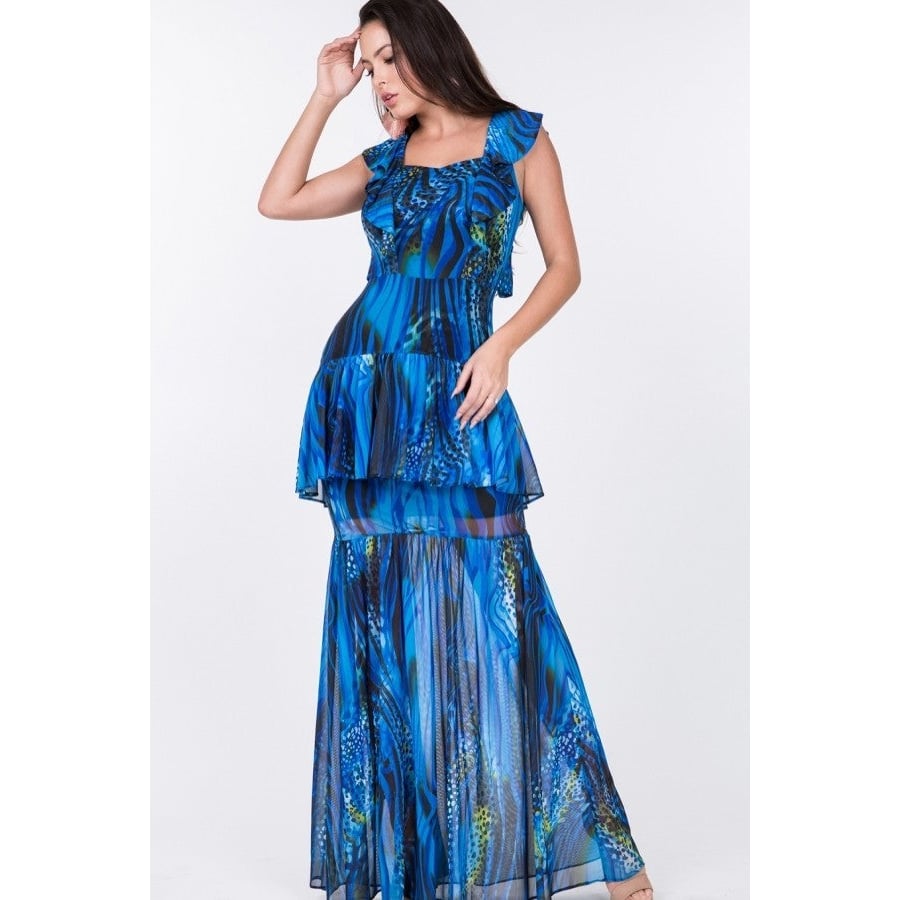 Ruffle Sleeve Tiered Bottom Print Long Dress Image 1