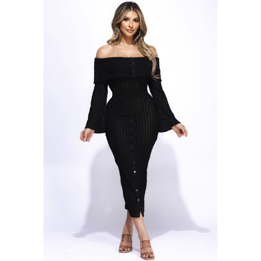 Ruffled Fabric Off Shoulder Midi Dress With Flared Sleeve Image 1