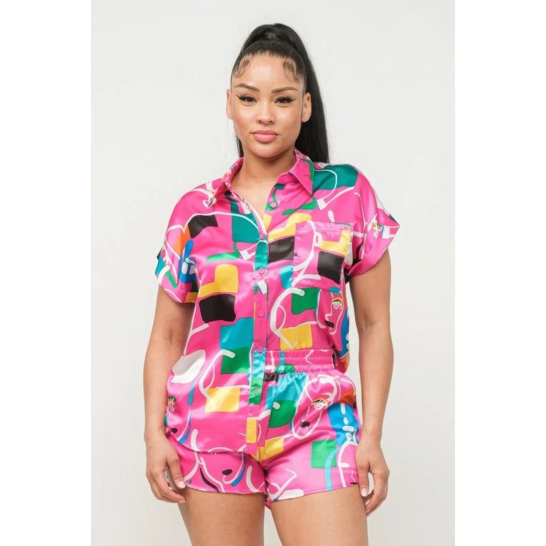 Satin Dolman Print Button Down Top And Shorts Set Image 1