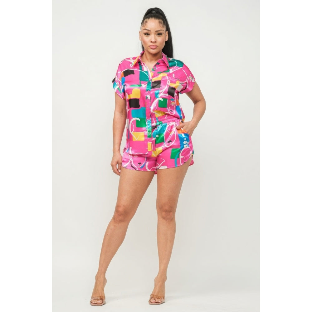 Satin Dolman Print Button Down Top And Shorts Set Image 2